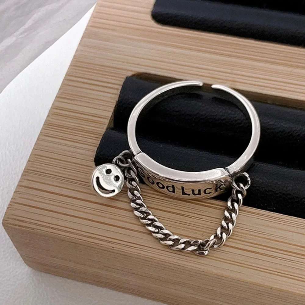 Smiley face ring, silver chain ring, lucky ring, stacking silver ring